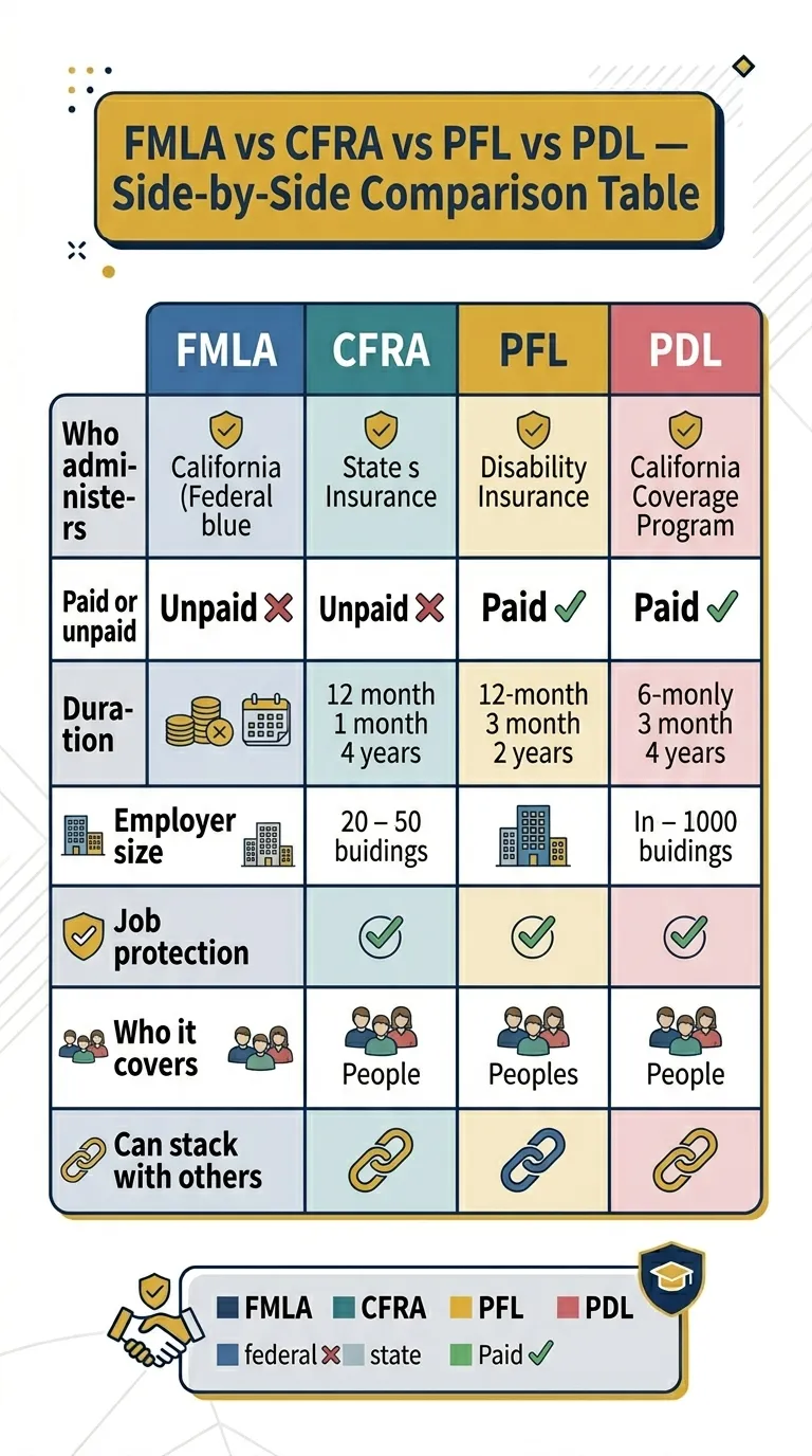 FMLA vs CFRA vs PFL vs PDL side-by-side comparison table showing paid status, duration, employer size, job protection, and stackability