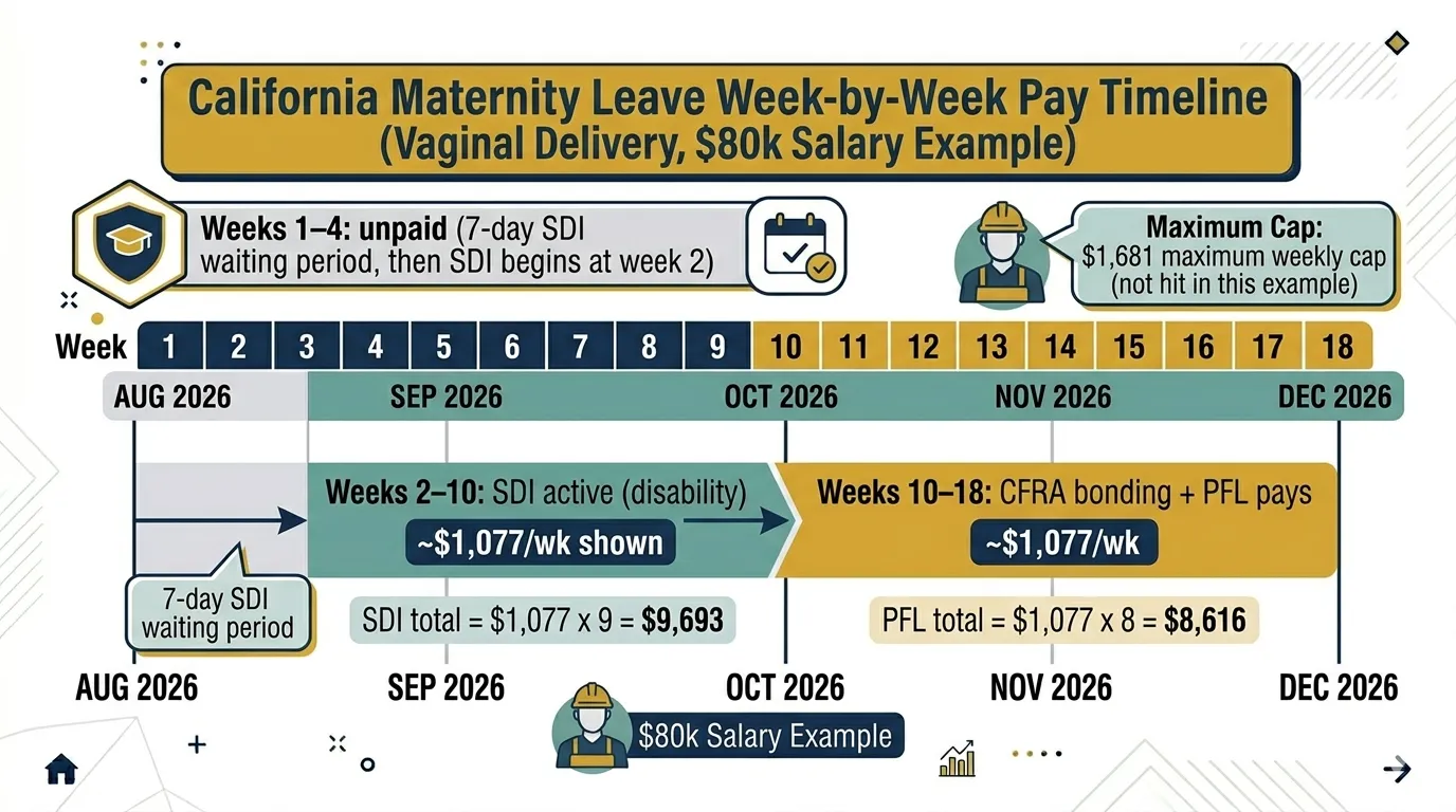 California maternity leave week-by-week pay timeline for vaginal delivery $80k salary — weeks 2-10 SDI at $1,077/wk, weeks 10-18 CFRA plus PFL at $1,077/wk