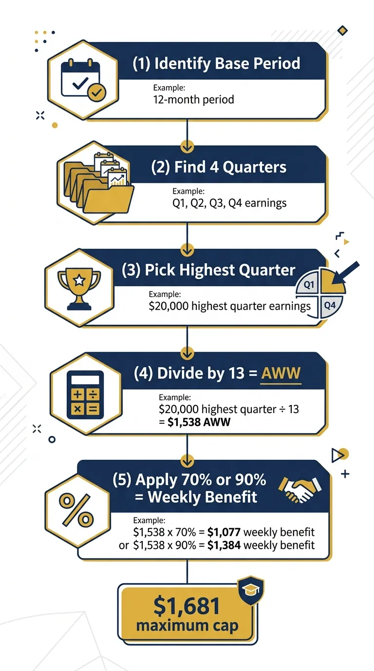 How California PFL benefit is calculated — 5-step flowchart showing base period, highest quarter, divide by 13, apply 70% or 90%, and the $1,765 cap
